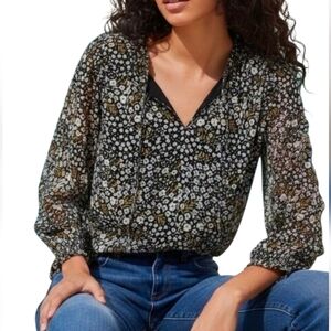 Loft Plus Floral Ruffle Tie Neck Chiffon Peasant Blouse Women's Plus Size 24